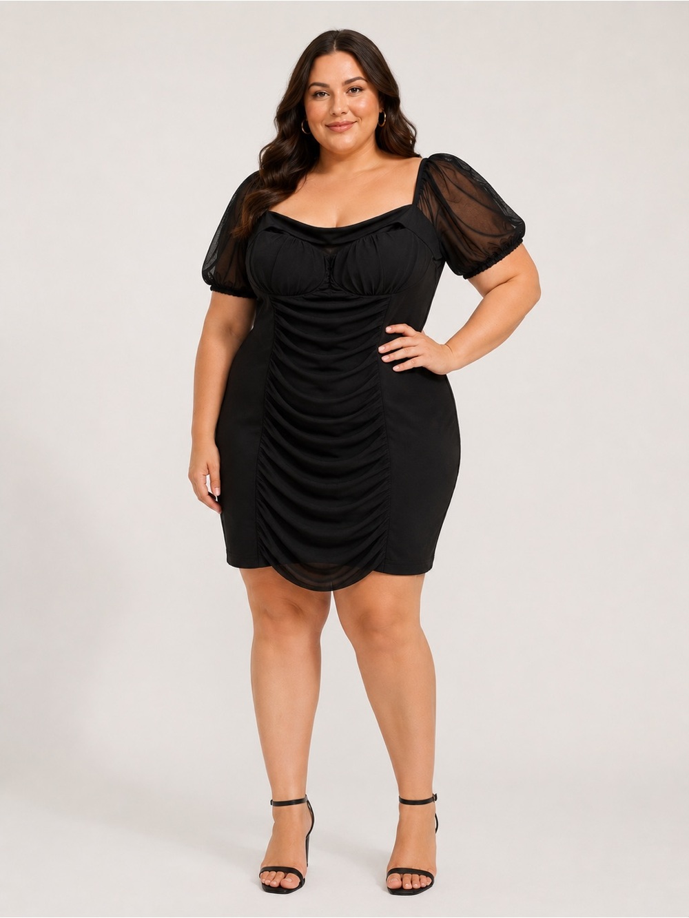 Bluebell 3X Black Ruched Bodycon Dress Sheer Puff Sleeve Mini Party￼